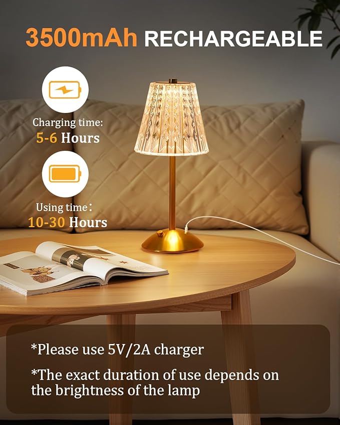 Cordless Touch Table Lamp, 3500mAh LED Rechargeable Small Dask Lamp, 3 Colors Dimmable Battery Operated Crysta Lamp for Bedroom Restaurant Kitchen Home Decor, Gold, 2pcs