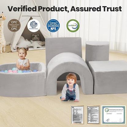 Foam Climbing Blocks for Toddlers, 5-Piece Tunnel Climber and Crawl Playset, Indoor Activity Play with Ball Pit, Machine Washable Velvet Cover, Soft Climbing Toy for Kids 1-3 (Gray)