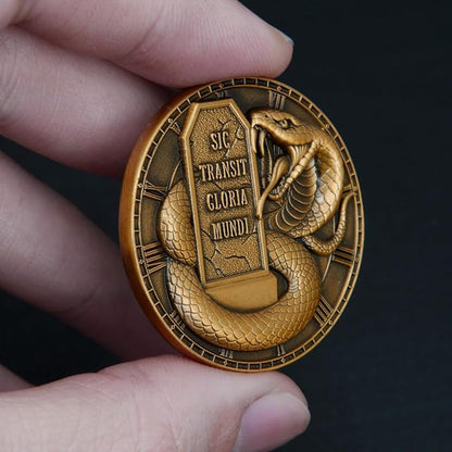 Memento Mori Challenge Coin - Hourglass & Scythe Design with Latin Inscriptions, Embrace Life’s Transience with Inspirational Design (Single Coin)