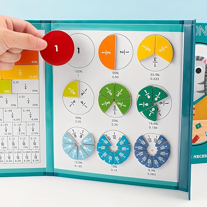 Magnetic Fraction Demonstration Book, Magnetic Fraction Tiles, Magnetic Fraction Disc Set, Magnetic Math Master Set - 102 PCS, Educational Fraction Puzzle for Teaching (Dinosaur, 1, Set)