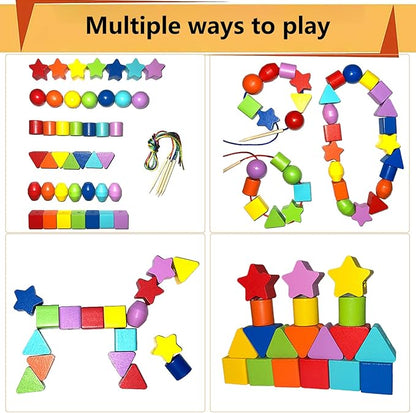 46PCS Montessori Lacing Toddler Beads Threading Toys for Toddlers Wooden Primary String Sewing Preschool Fine Motor Skills Educational Toy for 3 4 5 6Years Old Boys Girls