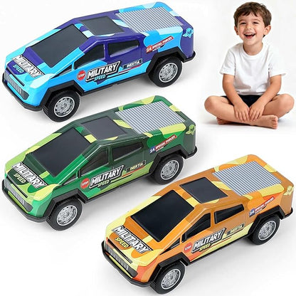 Toy Trucks for Kids 1/32 Model Car 3 Pack,Camouflage: Blue, Yellow, Green,Friction Power Push and Go Pull Back Wind up Race Cars,Toddlers 3 4 5 6 7 8 for Boys and Girls Birthday Party Gift