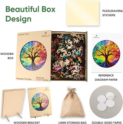 Ruikiyart Wooden Puzzles for Adults, 5MM 200 Pieces Colorful Tree Wooden Jigsaw Puzzles, Tree Puzzle Unique Shaped for Adults and Kids on Birthday, Thanksgiving, Family Puzzle Games (11.2"*11.2")
