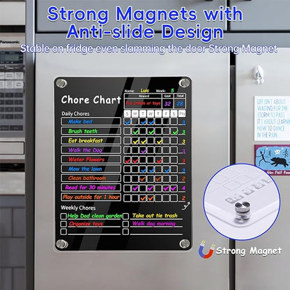 Acrylic Magnetic Chore Chart for Kids & Adult，12" x 9.5" Behavior Responsibility Reward Chart，at Home Clear Dry Erase Refrigerator Board for Multiple Kids & Teens(w/ 8 Markers & Towel)