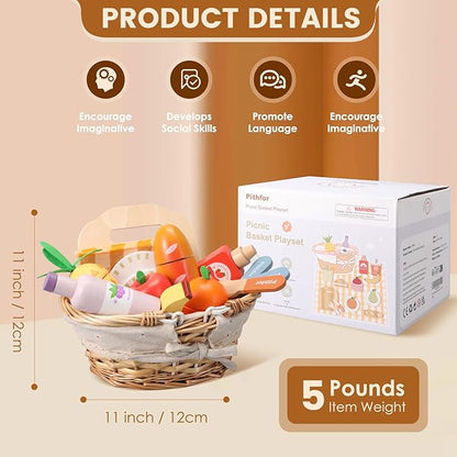 Picnic Playset, Wooden Play Food Set for Kids Kitchen, Cutting Pretend Play Kitchen Food Toy for Toddlers Girls Boys 3 4 5 Years Old