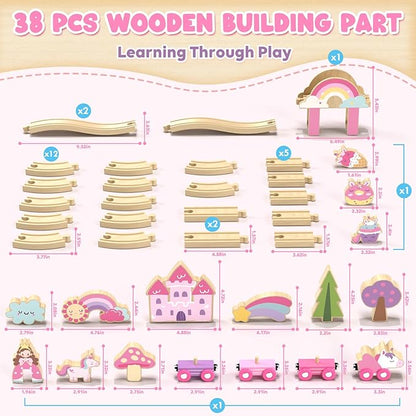 Lehoo Castle Wooden Train Set, Train Set for Toddlers 2-4, Wooden Train Track for Girls, Unicorn Toys for Girls Age 4-6, Toys for 3 4 5 6 Year Old Girl
