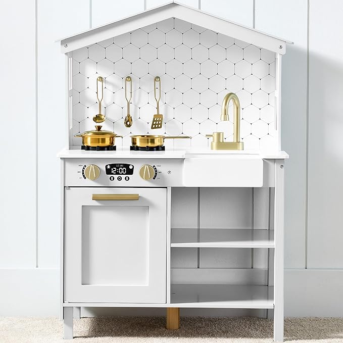 Best Choice Products Pretend Play Wooden Farmhouse Kitchen Set for Kids w/Toy Storage, Clicking Knobs, Windows, 5 Accessories Included - Beveled White