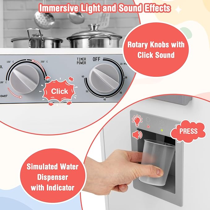 Costzon Kids Kitchen Playset, Wooden Toddler Play Set w/Real Lights & Sounds, Sink, Faucet, Water Dispenser, Microwave, Oven, Washing Machine, Little Chef Pretend Play Kitchen for Kids Ages 3+