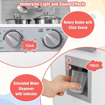 Costzon Kids Kitchen Playset, Wooden Toddler Play Set w/Real Lights & Sounds, Sink, Faucet, Water Dispenser, Microwave, Oven, Washing Machine, Little Chef Pretend Play Kitchen for Kids Ages 3+