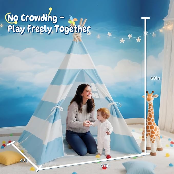Teepee Tent for Kids with Padded Mat, Lights, and Carry Bag, Washable Playhouse for Indoor Use, Ideal Play Tent for Girls and Boys,Stripe Blue