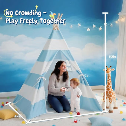 Teepee Tent for Kids with Padded Mat, Lights, and Carry Bag, Washable Playhouse for Indoor Use, Ideal Play Tent for Girls and Boys,Stripe Blue