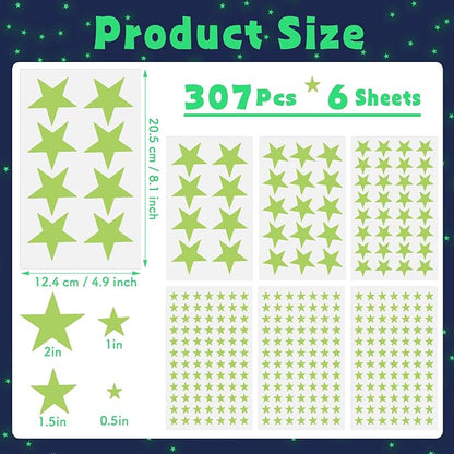 Glow in The Dark Stars Wall Stickers - 6 Sheets 307 Pcs Glowing Wall Decals Ceiling Stickers, Stick on Stars Glow in The Dark for Baby Kids Bedroom Wall Decor
