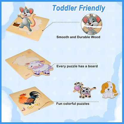 8pcs Wooden Puzzles for Toddlers 1 2 3 4, Toddler Puzzles Ages 1 2 3 4, Montessori Educational Jigsaw Toys Puzzles Christmas Birthday Gift for Kids Girl Boy 1-4 Year Old (Farm Animal)