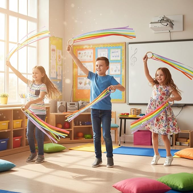Sumind 6 Pcs Rainbow Ribbon Hand Kites Wands for Kids Dancer Streamer String Toy Thrown Waldorf Wand with Wooden Ring Wand Learning Educational(Fresh Colors)