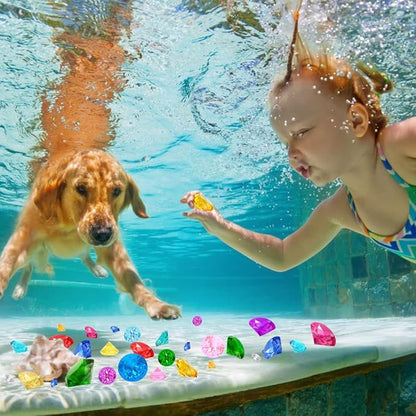 YUJUN 46 PCS Diving Gems Toys,Acrylic Big Diamond Pool Gems with Pirate Treasure Chest Summer Beach Underwater Swimming Toys for Kids Birthday Swimming Pool Party Favors Fish Tank Stuffer (3 Sizes)