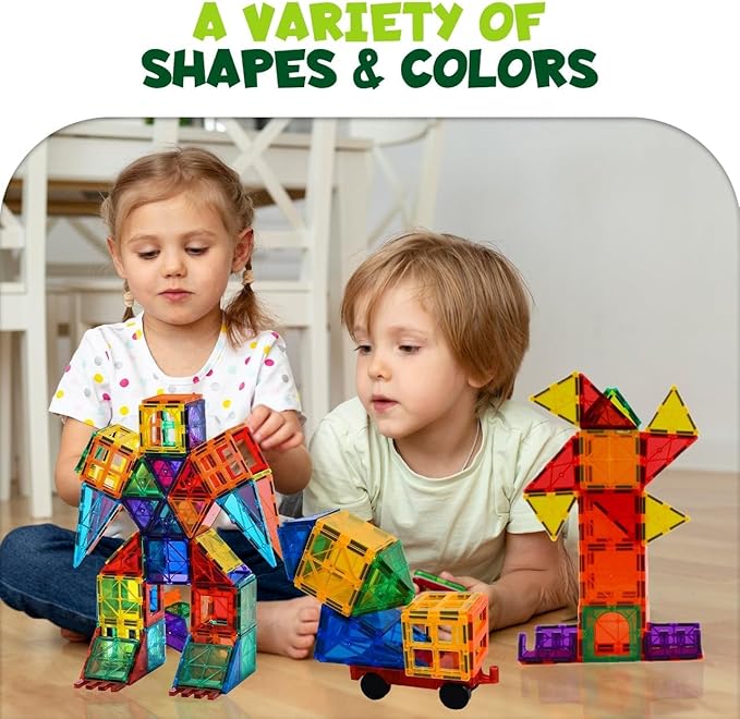 Magnetic Tiles 136 PCS with 2 Cars – STEM Building Blocks for Kids, Educational Gift for Boys & Girls