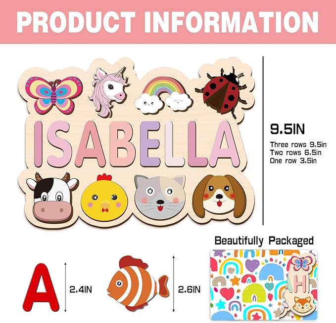 Personalized Name Puzzle for Toddlers 1-3, Custom Wooden Baby Name Puzzle, Educational Montessori Toys for Boys & Girls, Unique 1st Birthday Gift, Christmas & Easter Gifts for Kids