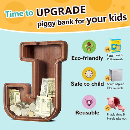 Summidate Large Wooden Piggy Bank for Kids Adults, Alphabets Letter A-Z Piggy Bank for Boys Girls, Coins Bills Change Bank Box Personalized Initial Name Kids Money Bank for Birthday Present and Decor