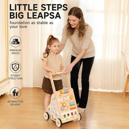 Wooden Baby Walker Push Toy for Infants 1-3 Years Learning to Walk, Adjustable Speed Activity Walker with Montessori Toys, First Birthday Gift for Boys & Girls