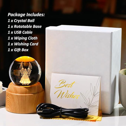 Guardian Angel Gifts 2.36in 3D Engraved Angel Crystal Ball with Rotatable Warm Light Wood Base, Guardian Angel Figurines Memorial Gifts for Women Mom Friends