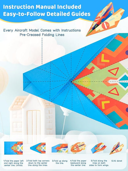 Zuplo Paper Airplane Kit, Paper Planes Book with 25 Classic Designs, 25 Sheets of Colored Origami Kit for Kids Ages 8-12, Airplane Gifts for Boys and Girls, Activity Books for Kids