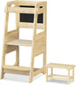 TOETOL Bamboo Toddler Kitchen Step Stool Kids Learning Helper Standing Tower 3 Height Adjustable Stool with Activity Chalkboard and Whiteboard Message Boards,Non-Slip Mat,Natural
