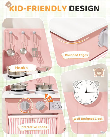 MAMIZO Kids Kitchen Playset with Ample Storage, Interactive Play Kitchen with Simulated Gas Cooker, Clicking Knobs, Sink, Faucet, 6 Pcs Cookware, Educational Clock for Toddlers (Pink)