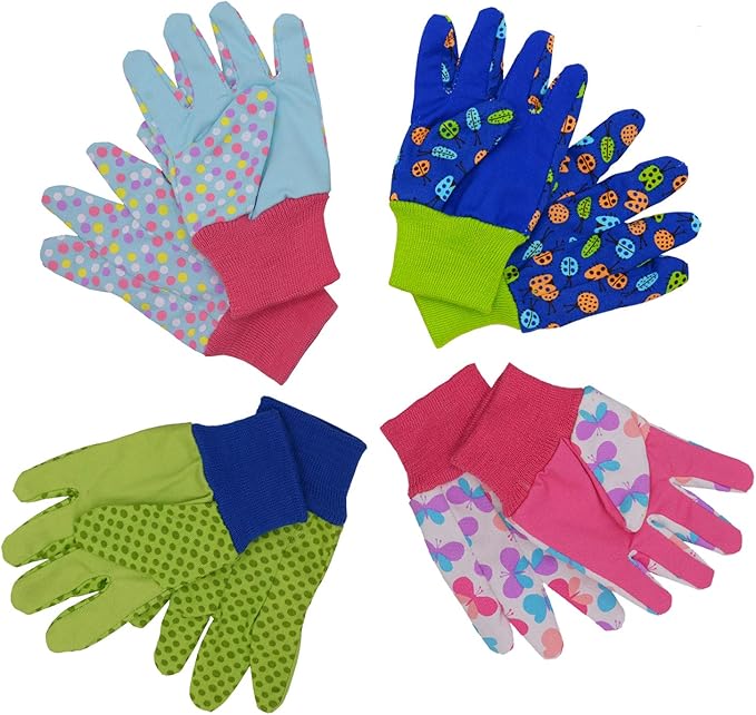 HANDLANDY 2 Pairs Kids Gardening Gloves, Girls Boys Children Garden Work Play Gloves (Pink Butterfly & Dot, Small)