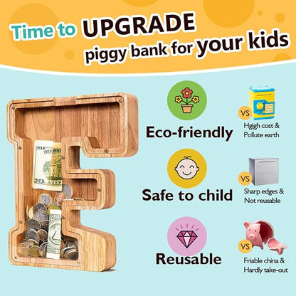 SummiDate Wooden Letter Piggy Bank| Piggy Bank for Boys Girls Toddler| Alphabet F Money Bank| Coin Bank Birthday Gift for Kids|Birthday Gift for Kids (F)