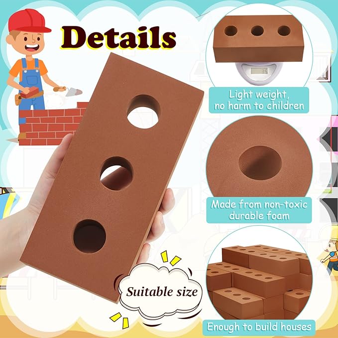 Deekin 20 Pcs Foam Brick Building Blocks for Kids Thick Blocks Foam Large Fake Brick Construction Toy for Stacking Construction, 8 x 4 x 2.4 in (Circle Holes)