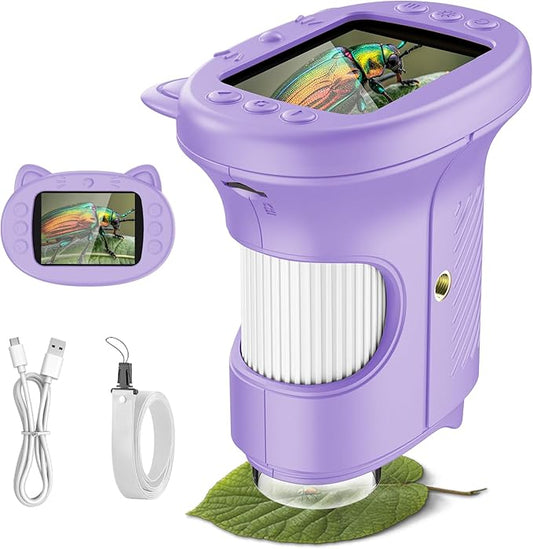 Kids Microscope, 1000X Portable Digital Microscope with 2.4" IPS Screen & 8 LEDs, USB Rechargeable, STEM Educational Science Kit, Great Christmas & Birthday Gift for Children Ages 3-12