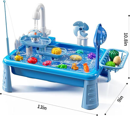 Water Table Play Sink Toy for Kids 2 3 4 5 6 Years Old - Outdoor Kitchen with Running Water, Fishing Games, Toddler Water Play Table for Kids Ages 3-8, Beach Outdoor Toys, Summer Gifts(Blue)