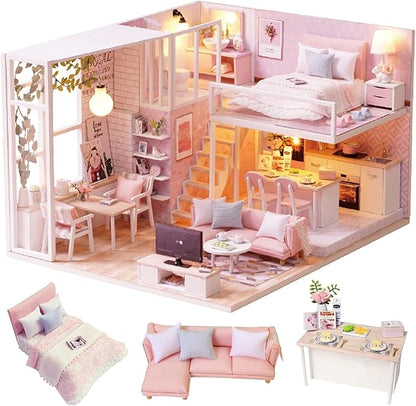CUTEROOM DIY Miniature House Kit Handmade Wooden Dollhouse - Creative Doll House Toys for Children Birthday Plus Music Box & LED Light - Tranquil Time