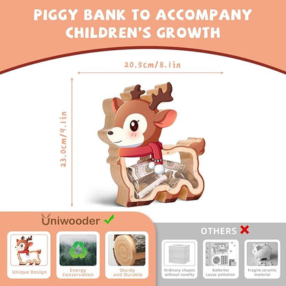 Wooden Reindeer Piggy Bank for Kids, Christmas Deer Money Bank for Boys Girls Toddler, Unbreakable Kids Money Box with Letter Sticker, Large Saving Coin Jar for Xmas Home Holiday Décor