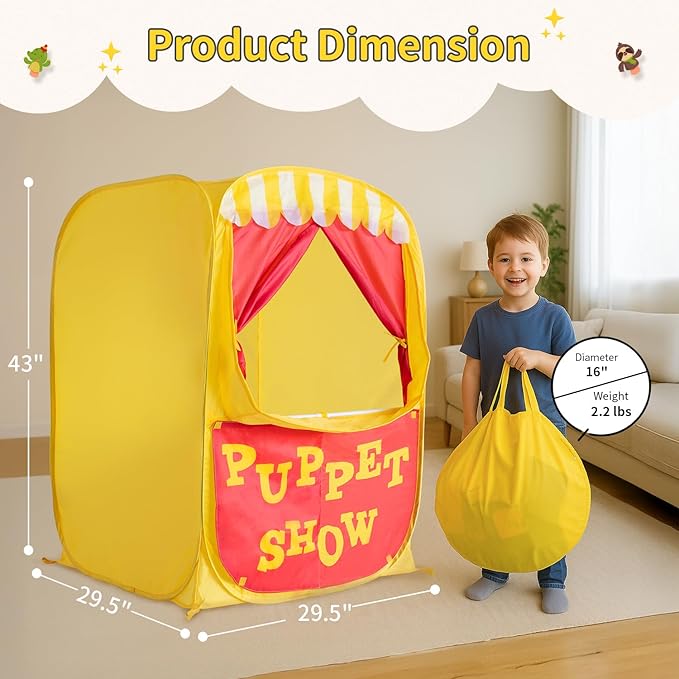 Alvantor Pop Up Puppet Show Theater & Lemonade Stand, Pretend Playhouse Kids Play Tent, Puppet Stage Tabletop Sets for Toddlers Curtain Fordable, Indoor & Outdoor Children Drama 29"X29"X43"H, 1 pc