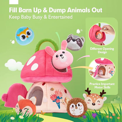 hahaland Baby Toys 6-12 Months - Montessori Toys for 6 Month Old Girl, My First Mushroom House with Stuffed Jungle Animals, Rattle, Crinkle Paper, Mirror, Sensory Toddler Toy for 1 Year Old Girl Gifts