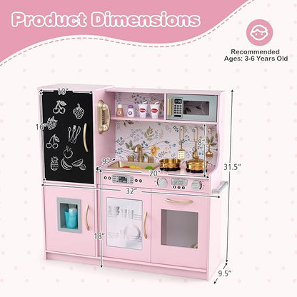 HONEY JOY Kids Kitchen Playset, Wooden Little Chef Pretend Toy Kitchen Set w/Chalkboard, Telephone, Utensils, Oven, Microwave, Sink, Storage, Play Kitchen for Toddlers Boys Girls, Pink Flower