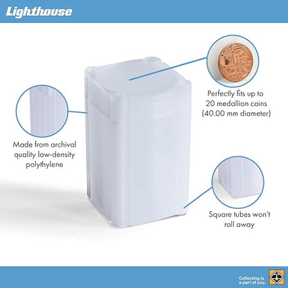 LIGHTHOUSE - Square Coin Tubes - Convenient Push Top, Virtually Unbreakable, Acid Free and Archival Quality - Coin Tubes for US Medallions, 50 Pack