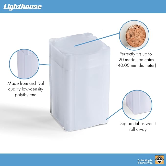 LIGHTHOUSE - Square Coin Tubes - Convenient Push Top, Virtually Unbreakable, Acid Free and Archival Quality - Coin Tubes for US Medallions, 10 Pack