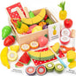 35PCS Wooden Play Food for Toddlers, Pretend Food Toys Play Kitchen Accessories with Storage Basket, Learning Cards, Cutting Food Fruits Toys Montessori Toys Gift for Kids Girls Boys Age 3 4 5 6
