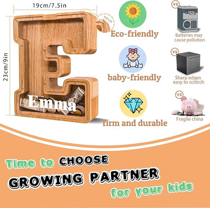 Wooden Letter Piggy Bank for Kids Larger Alphabet Letter Bank for Boys Initial Coin Bank Personalized Piggy Bank Wood Money Save Box for Birthday and Festival-Upgrade 9"" E Piggy Bank