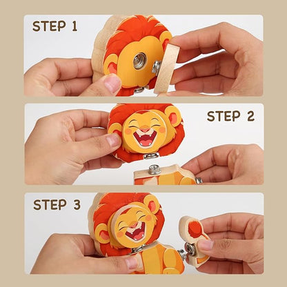 HUZU Animal Snap Wooden Building Blocks – Fun & Educational Puzzle Toy for Kids Aged 3-8, Features Cow, Bear, Lion and Turtle, Matching Game with Interchangeable Animal Faces & Emotions