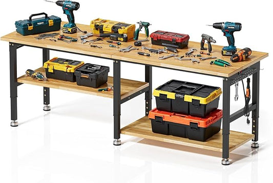 96” Heavy Duty Work Bench, 2-Layer Adjustable Workbench, 5000 LBS Capacity Work Bench with Power Outlet & Pegboard, Rubber Wood Work Table for Garage, Workshop, Office, Home