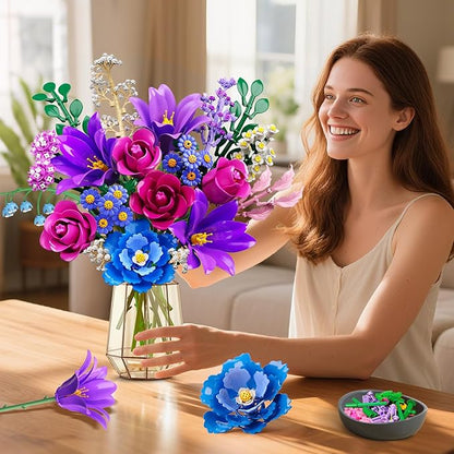 Flowers Bouquet Building Set with LED Light, 21 Flower Botanical Collection Building Block Toy, Rose Lily Plants Home Office Decor 1054PCS, for Her Adults Women Kids Girls 12+ (Purple)