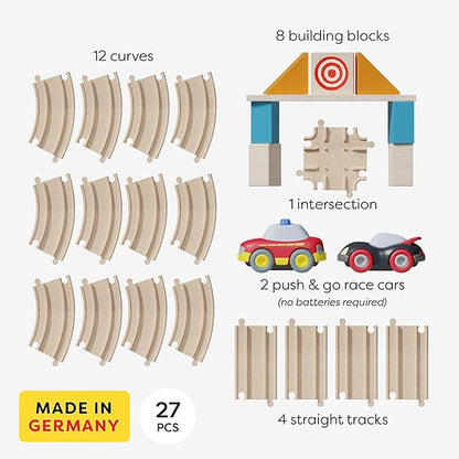 HABA Cars - My First Racetrack, 27 Piece Sustainable Kids' Race Track Set, Battery-Free Push and Go Cars, Ideal STEM Toys for Toddlers Ages 2+