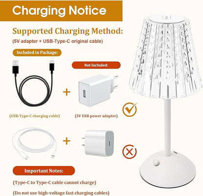 Cordless Touch Table Lamp, LED Rechargeable Small Dask Lamp, 3 Colors Dimmable Battery Operated Crysta Lamp for Bedroom Restaurant Kitchen Home Decor, White