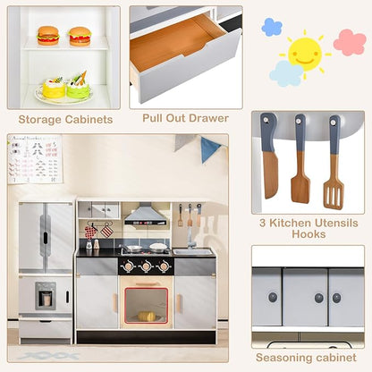 HONEY JOY Kids Kitchen Playset, 2-Piece Modular Wooden Play Kitchen for Toddlers & Refrigerator with Ice Maker, Range Hood, Oven, Little Chef Pretend Toy Kitchen Set with Light & Sound, Gray