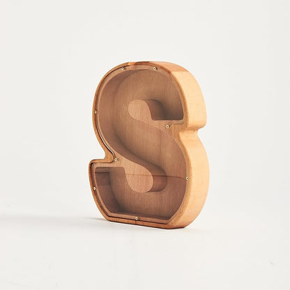 Personalized Wooden Piggy Bank – Custom Letter S Coin Bank in Beech Wood with Clear Acrylic Front, Engraved Name Option, Money Saving Box for Kids and Adults