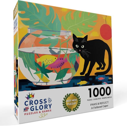 Cross & Glory - Paws & Reflect: A Fishbowl Caper - 1000 Piece Jigsaw Puzzle for Adults | Humorous Challenge | Colorful Imagery and Whimsical Cat Antics