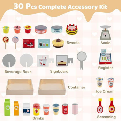 HONEY JOY Kids Food Cart, 30-Piece Toddler Pretend Play Grocery Store Playset w/Cash Register & Scale, Wooden Dessert Shop Play Market, Children Beverage Stand Cart w/Wheels, Gift for Boys Girls